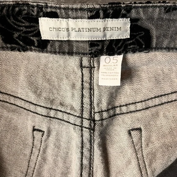 Chico's Platinum Denim Grey Jeans w/ Black Floral pattern (See chart in pics) - Picture 2 of 9